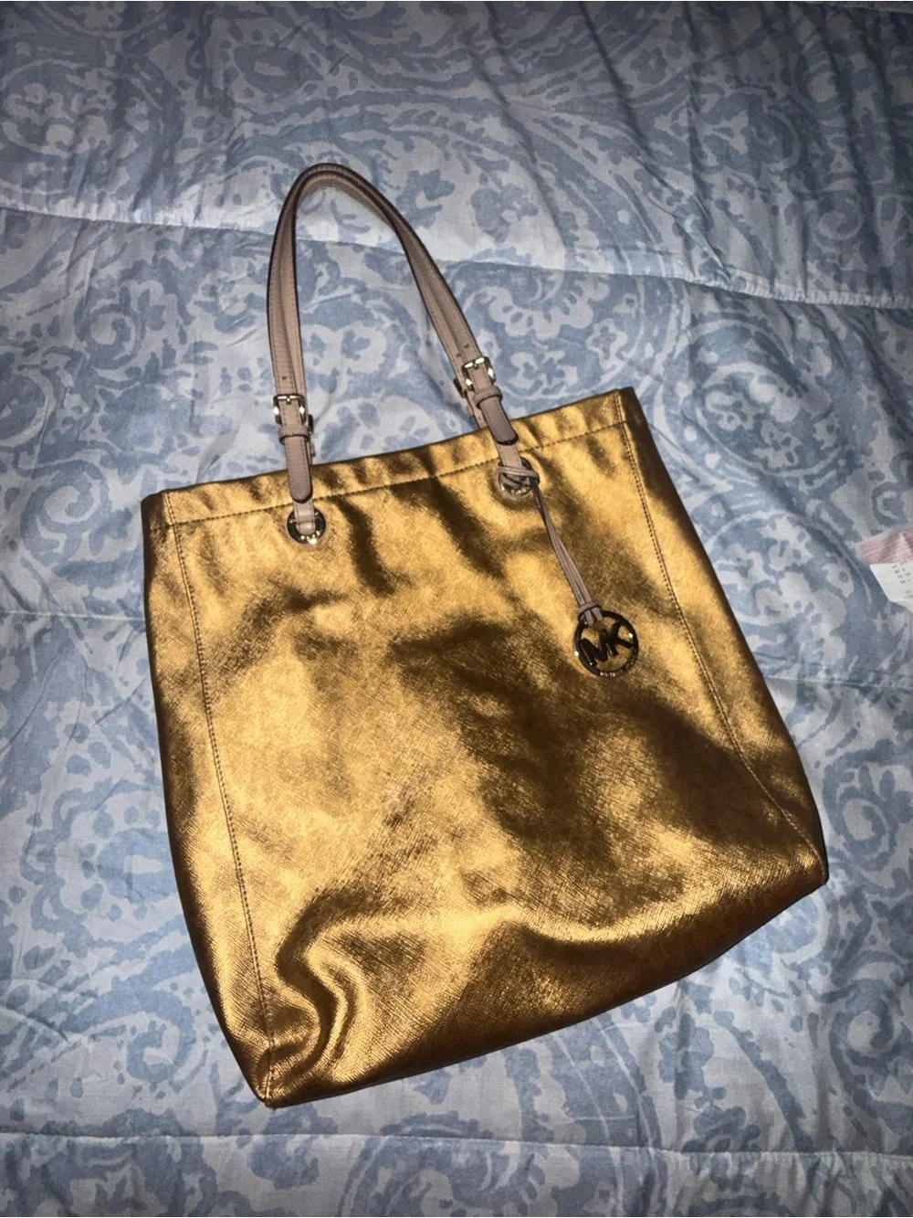 Michael Kors Gold Tote with Pale Pink Straps